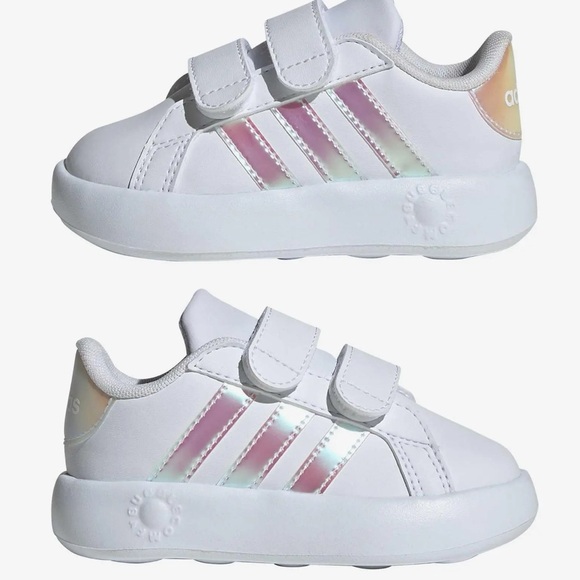 Adidas Grand Court 2.0 Kids White Sneakers with Iridescent Stripes baby shoes - Picture 1 of 5